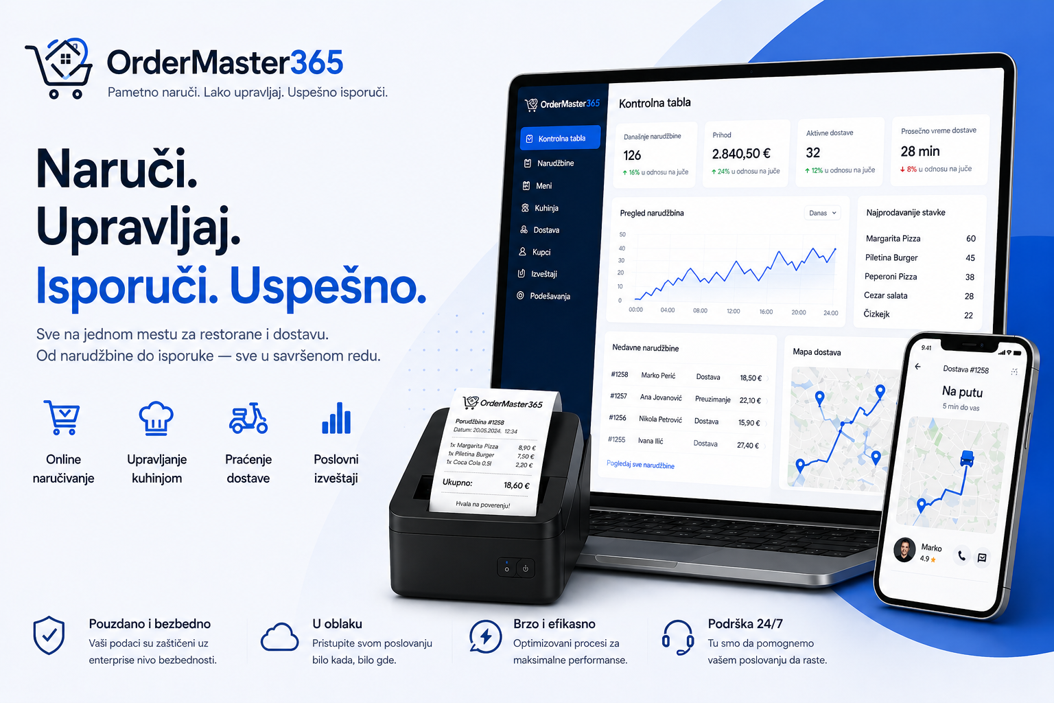 OrderMASTER365 platforma na laptopu, telefonu i POS štampaču